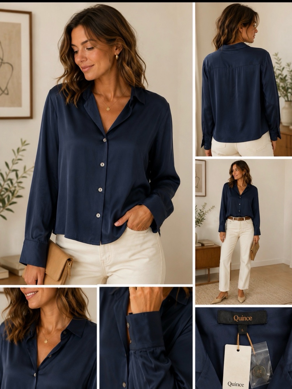 NWT Quince Washable Mulberry Silk Button Front Blouse Navy Large - Picture 2 of 6